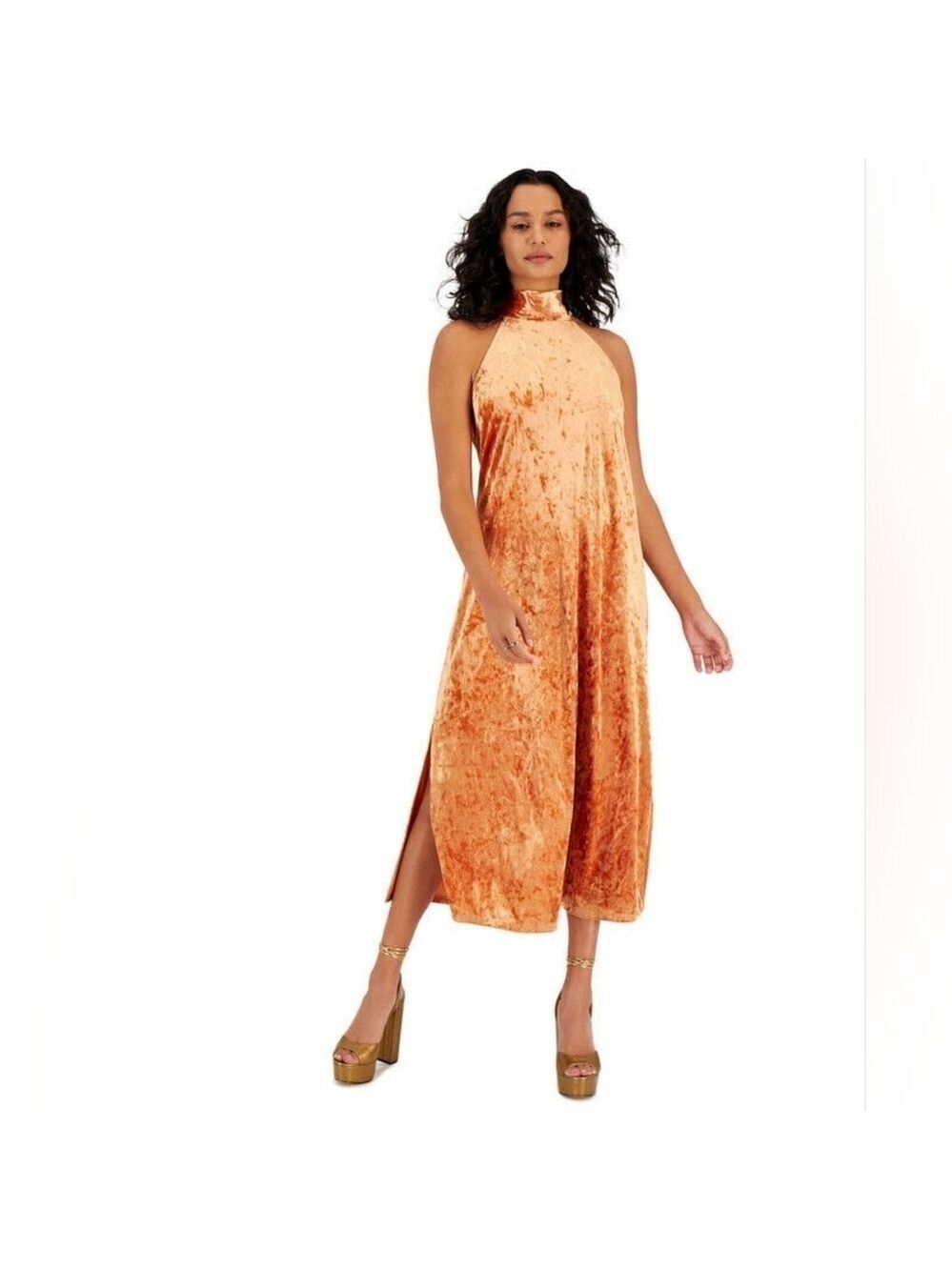 BAR III Gold Mustard Tie Neck Velvet Sleeveless Halter Maxi Dress